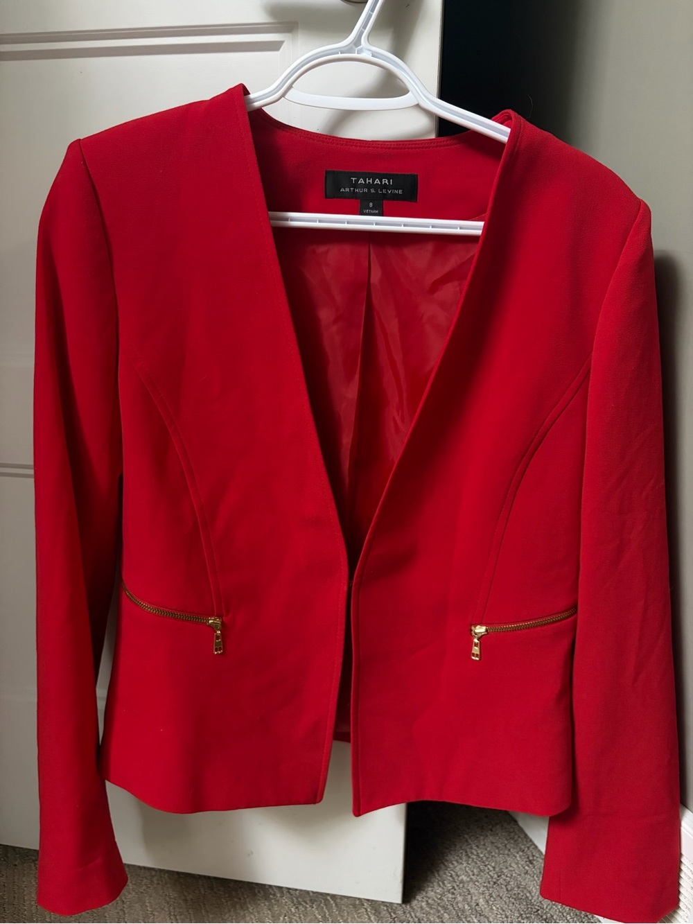 Tahari Red Open-Front Blazer with Gold Zipper Accents